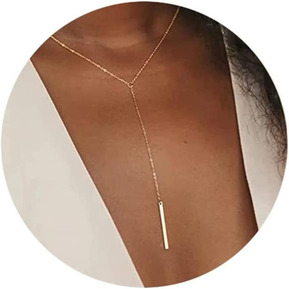 GoldTiny YShaped Dainty Necklace 18K GoldPlated Cute Bar Vertical LariatNecklace